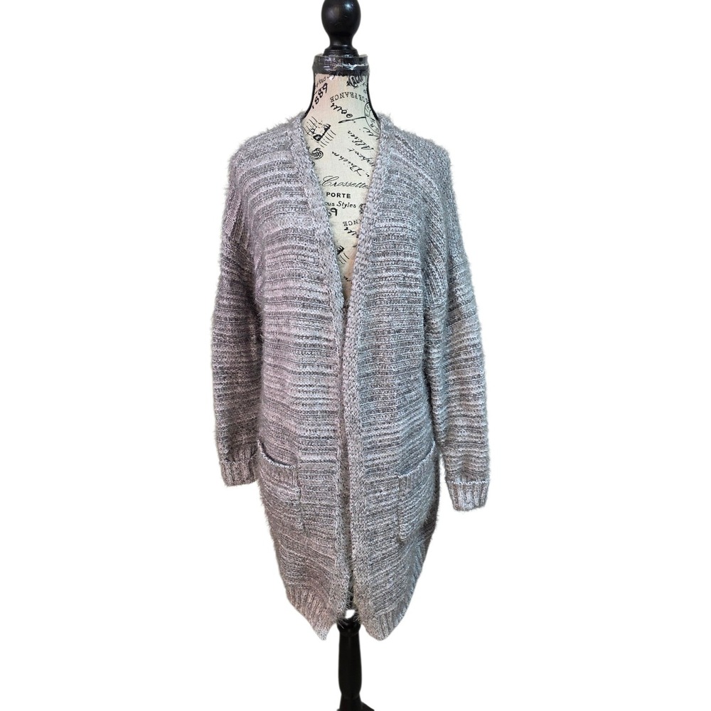 Olive + Oak Gray Marled Fuzzy Eyelash Knit‎ Open Cardigan Sweater Pockets Large